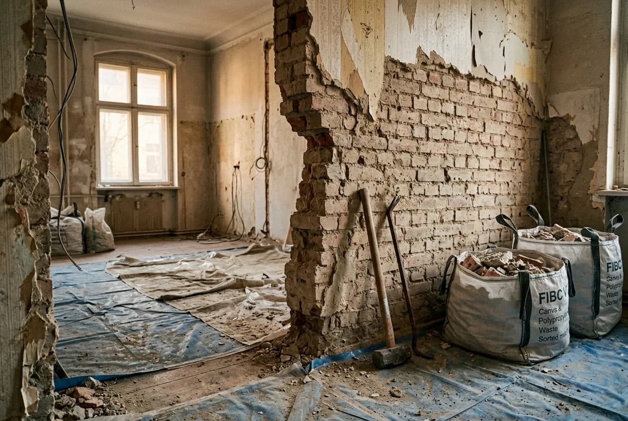 Entkernte Wohnung in Hamburg mit teilweise entfernter Wand und sortiertem Bauschutt