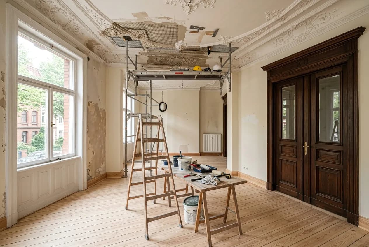 Gründerzeitzimmer in Hamburg während der Restaurierung mit Stuckdecke und geschliffenen Dielen