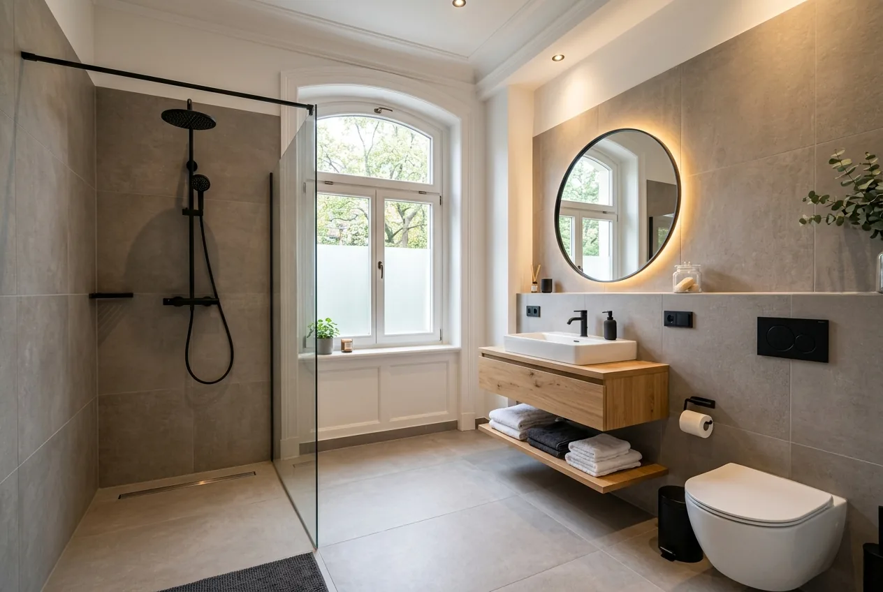 Saniertes Bad mit bodengleicher Dusche, Großformatfliesen und Eichen-Waschtisch in Hamburg