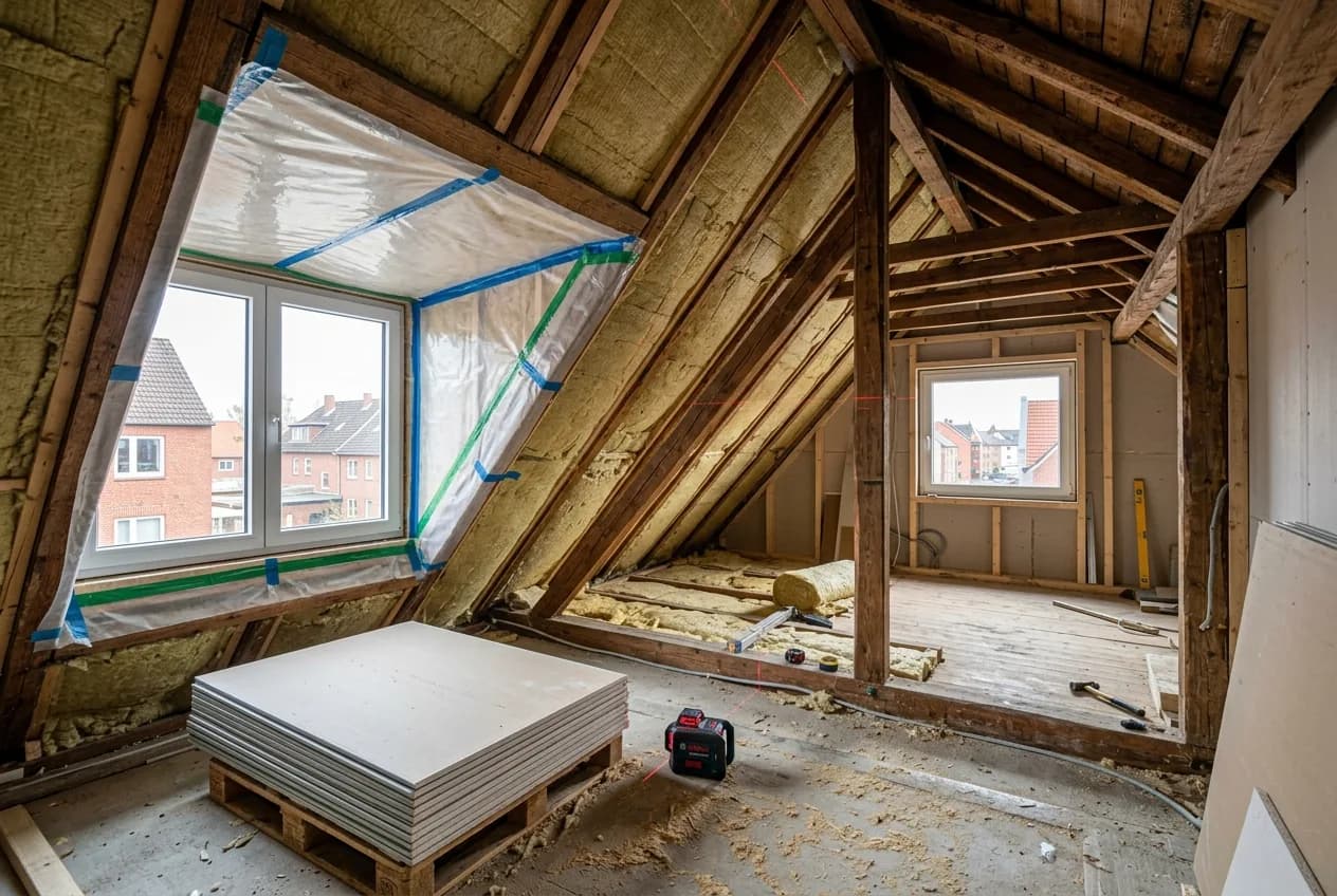 Dachausbau in Hamburg: Sparren mit Dämmung, neue Gaube und gestapelte Gipskartonplatten