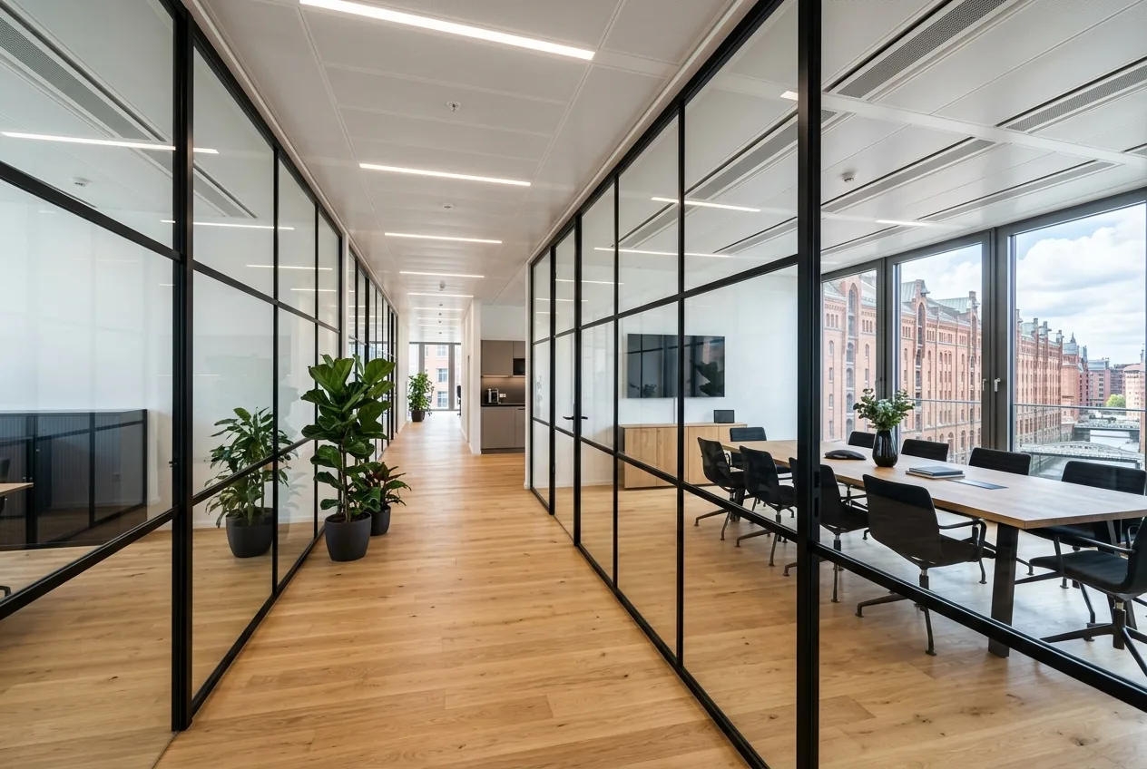 Neu ausgebaute Bürofläche in Hamburg mit Glastrennwänden, Akustikdecke und Eichenboden