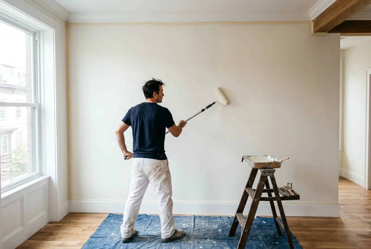 Maler rollt Farbe auf eine Wand in einer hellen Hamburger Wohnung