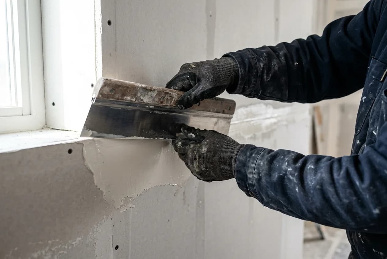 Spachtelarbeiten: Hände ziehen mit einer Glättkelle Spachtelmasse über eine Trockenbauwand