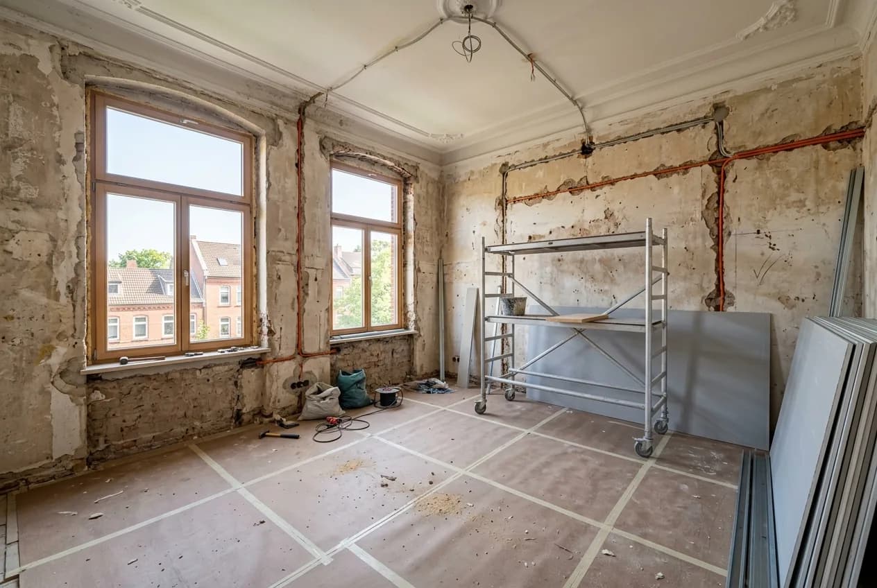 Hamburger Wohnung während der Sanierung mit neuen Elektroleitungen und Bodenschutz