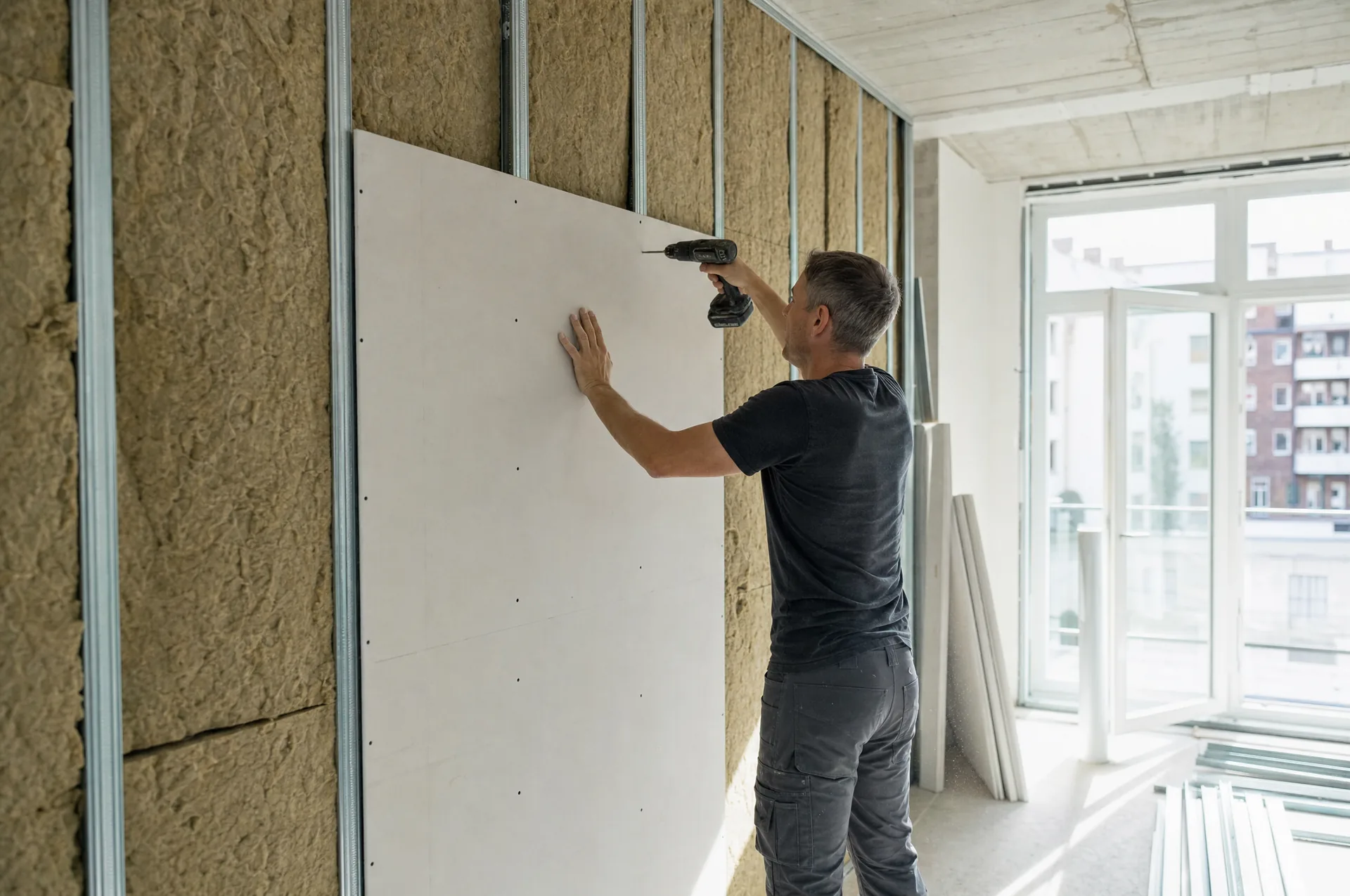 Trockenbauer schraubt eine Gipskartonplatte an eine Metallständerwand in einer Hamburger Wohnung
